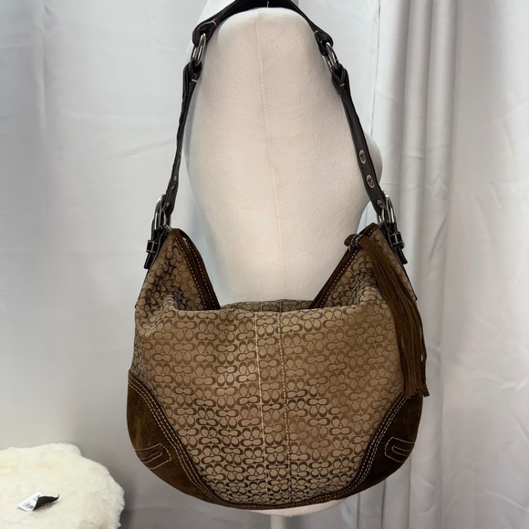 Coach Signature Hobo Bag Brown Canvas Suede 2158 Shoulder Purse Tassel Vintage - Picture 1 of 16